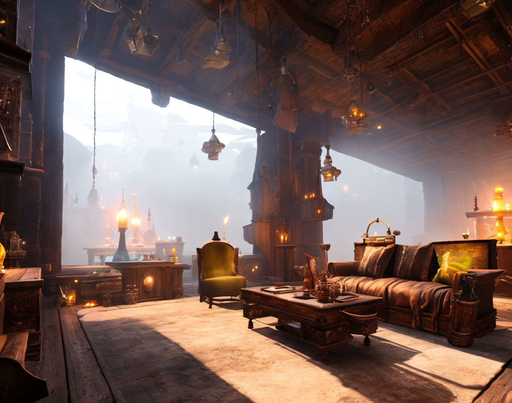 Medieval-style room with candlelight, armchair, wooden beams, and mountain view.