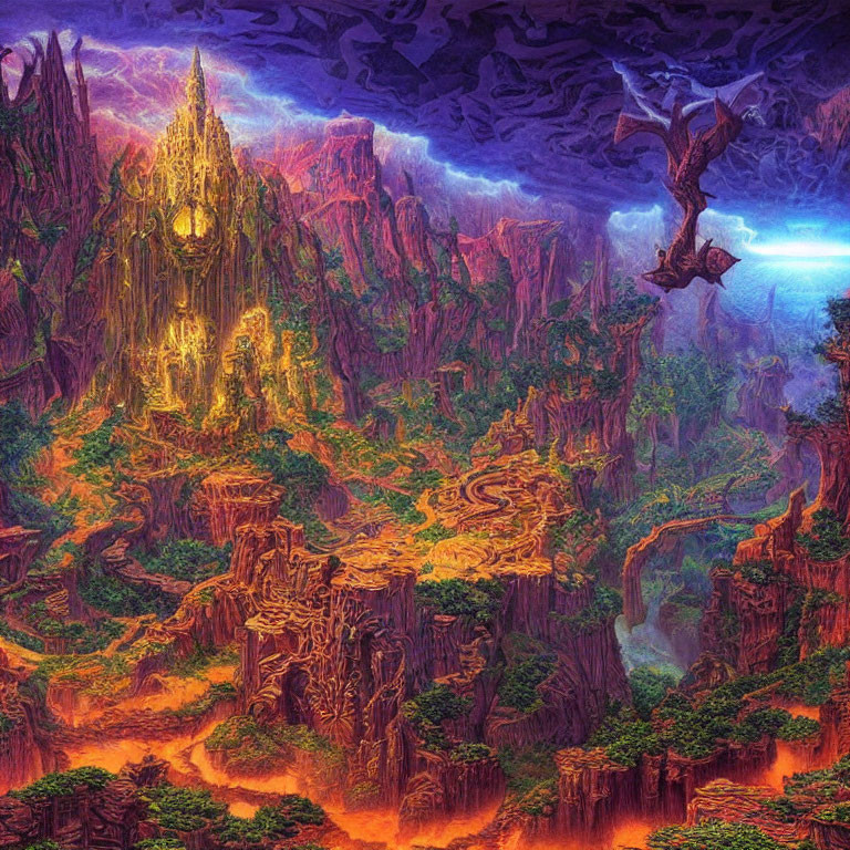 Fantasy landscape with glowing castle, towering cliffs, dense forest, and purple sky.