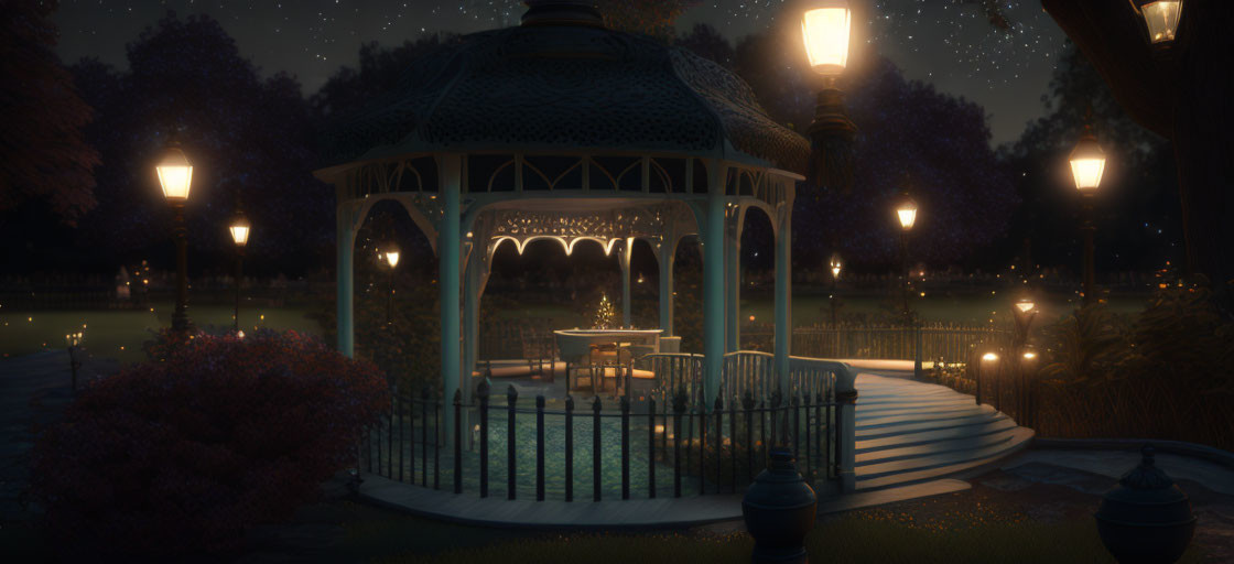 Tranquil night garden with illuminated gazebo and starlit sky