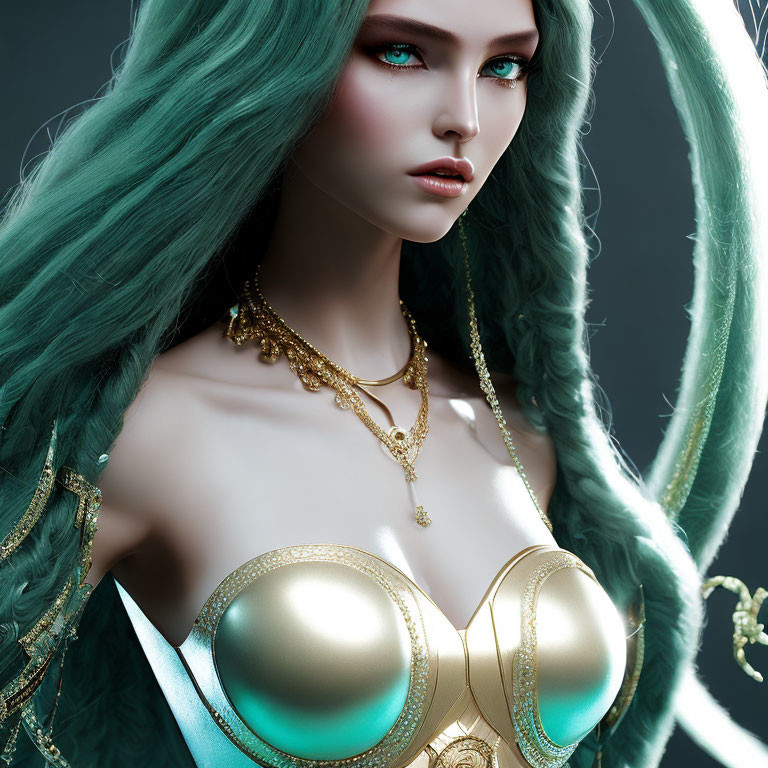 Vibrant teal hair and blue eyes woman in golden corset art.