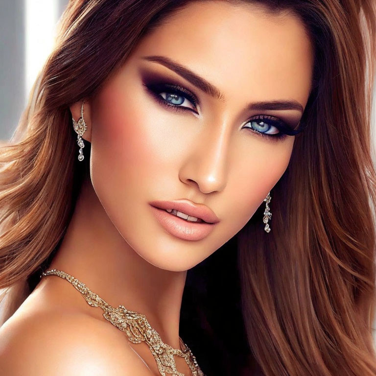 Woman with Smoky Eye Makeup, Glossy Lips, Diamond Earrings, Gold Necklace