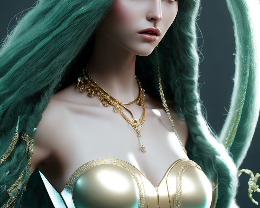 Vibrant teal hair and blue eyes woman in golden corset art.