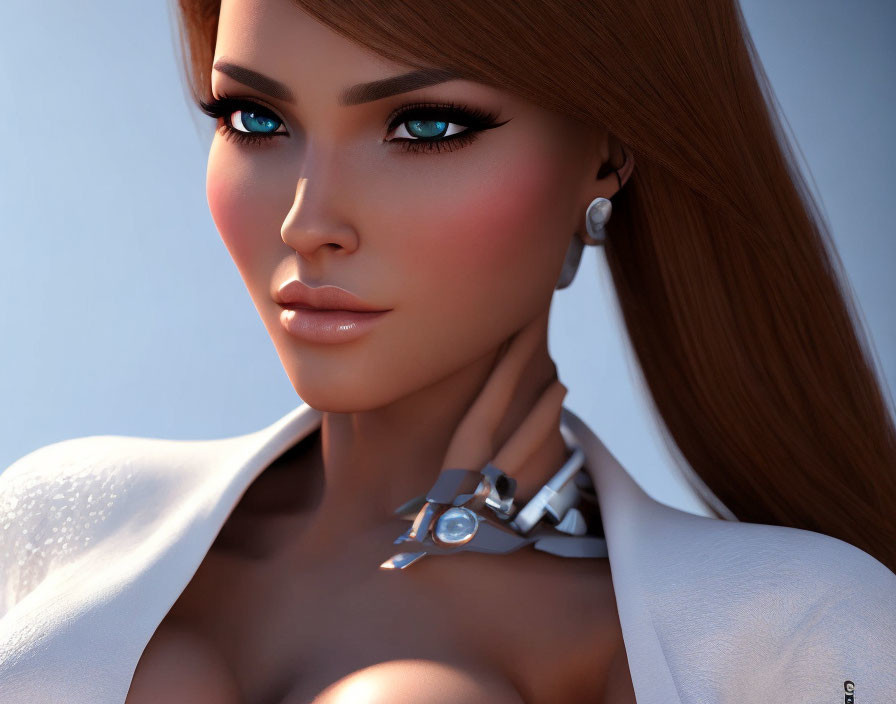 3D rendering of woman with blue eyes, elegant makeup, brunette hair, pearl earrings, white outfit