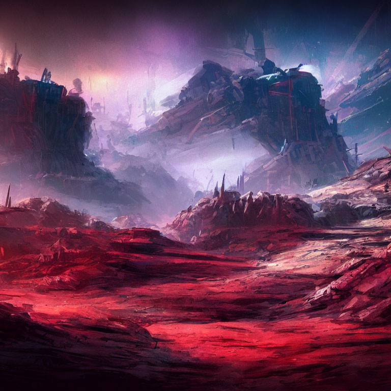 Alien landscape: red rocks, tall mountains, hazy sky