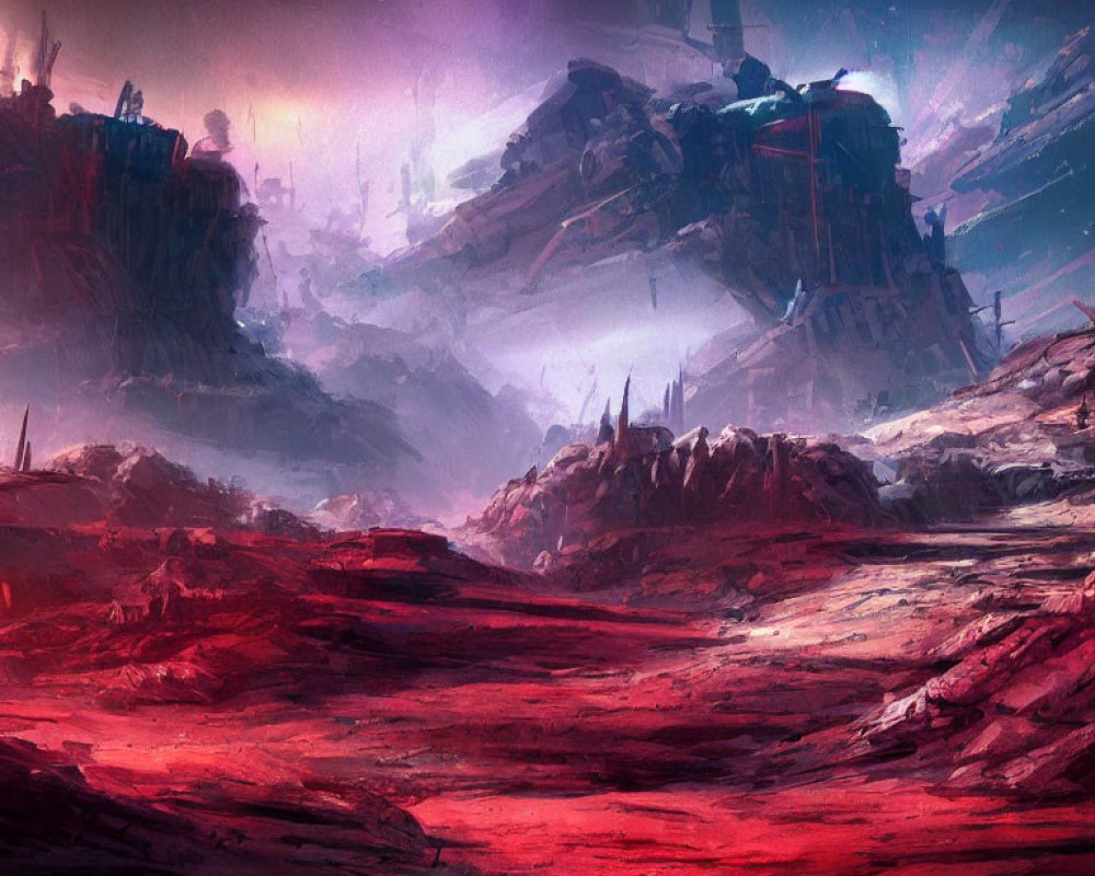 Alien landscape: red rocks, tall mountains, hazy sky