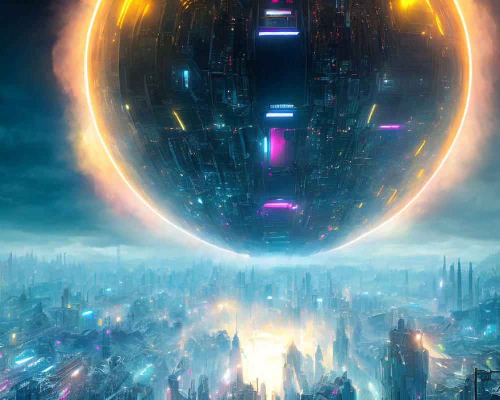 Futuristic night cityscape with glowing lights and hovering circular structure