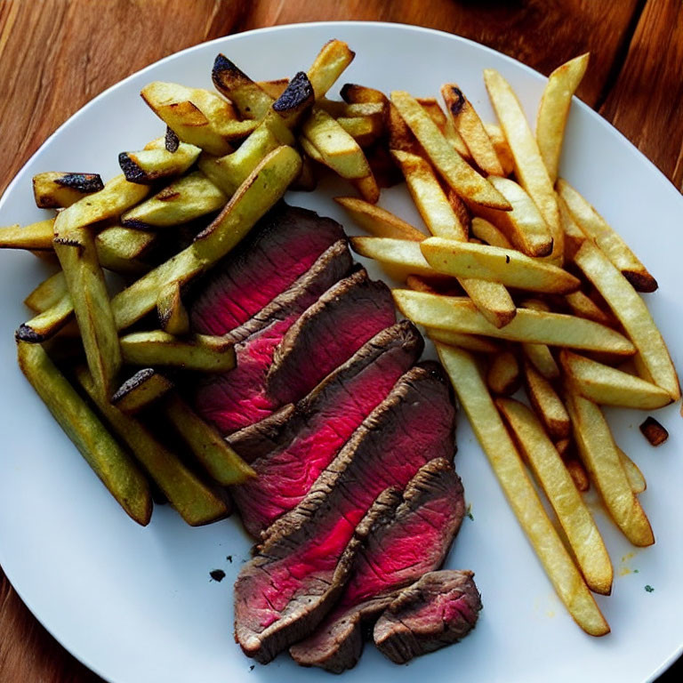 Medium-Rare Steak Slices with Golden French Fries on White Plate