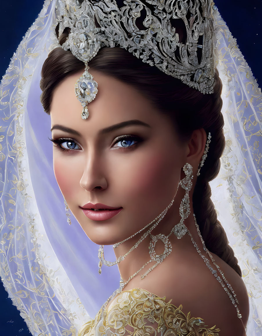 Blue-eyed woman in jeweled tiara and veil with pearl accessories on starry background