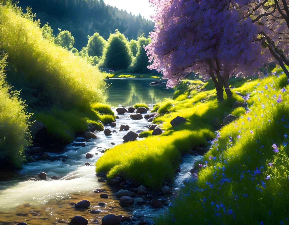 Tranquil stream in vibrant sunlit landscape with cherry blossom tree