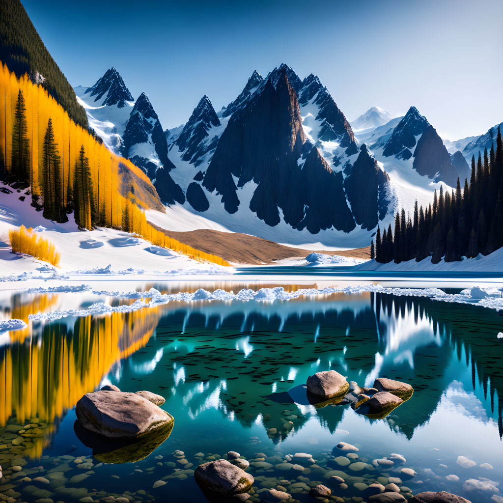 Scenic Mountain Lake with Snow-Capped Peaks & Autumn Trees