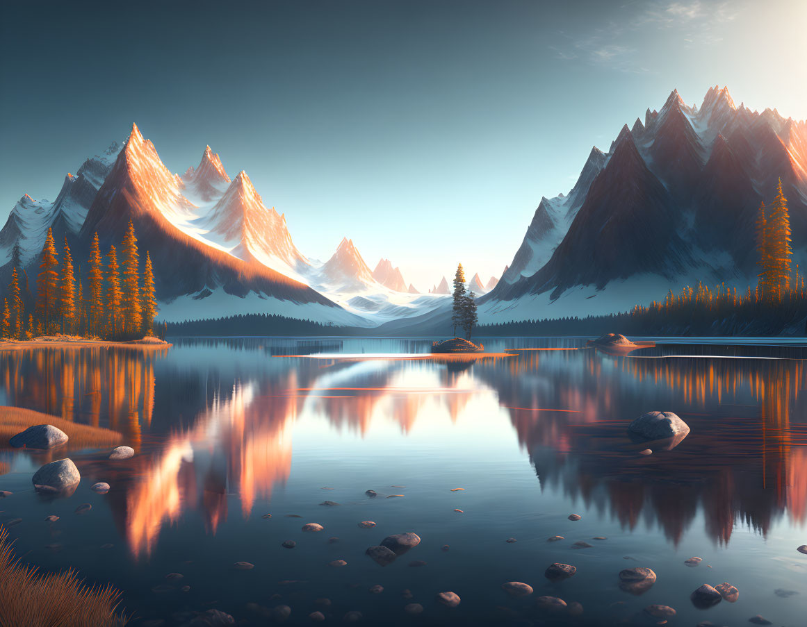Serene lake with mirror-like reflections and sunlit mountain peaks