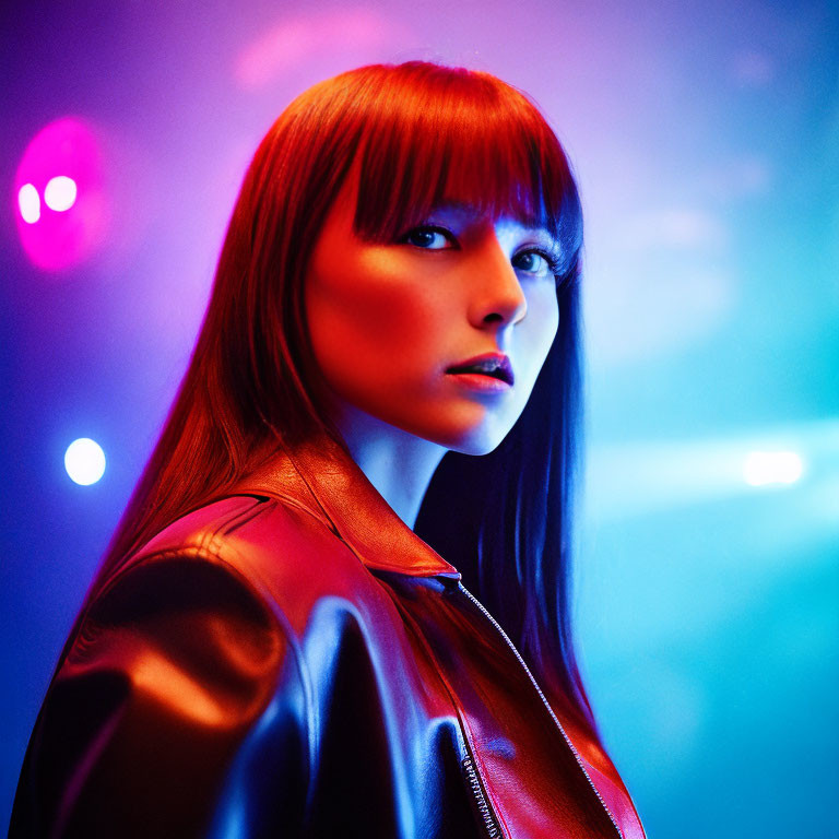Straight Bangs Woman in Leather Jacket Under Vibrant Neon Lights