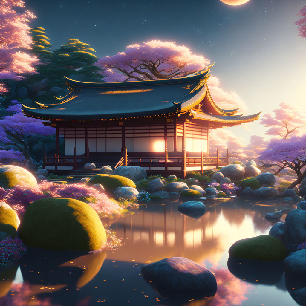 Japanese temple with cherry trees, stones, and pond at twilight