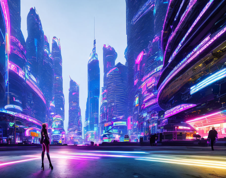 Neon-lit futuristic cityscape with towering skyscrapers at night