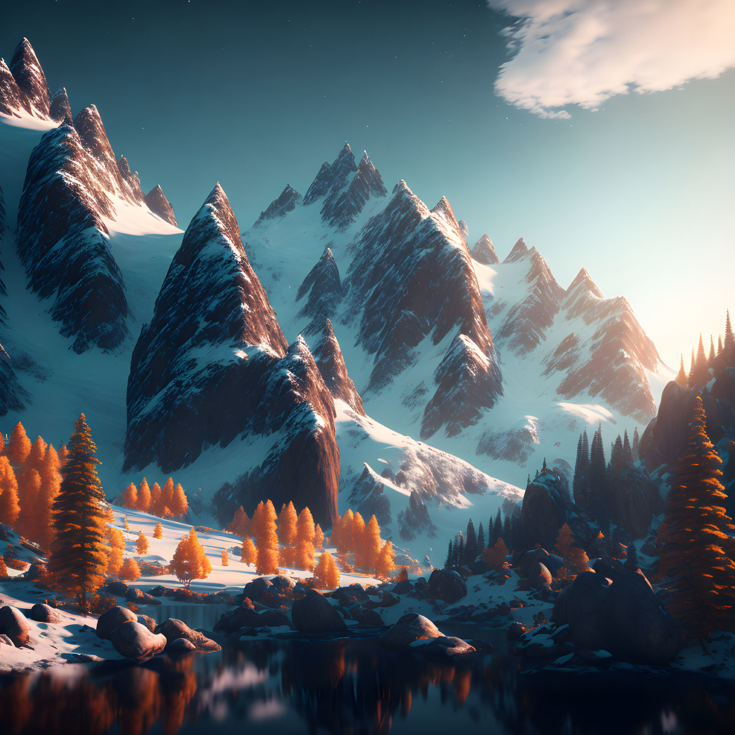 Majestic snow-capped mountains and autumn landscape at sunset