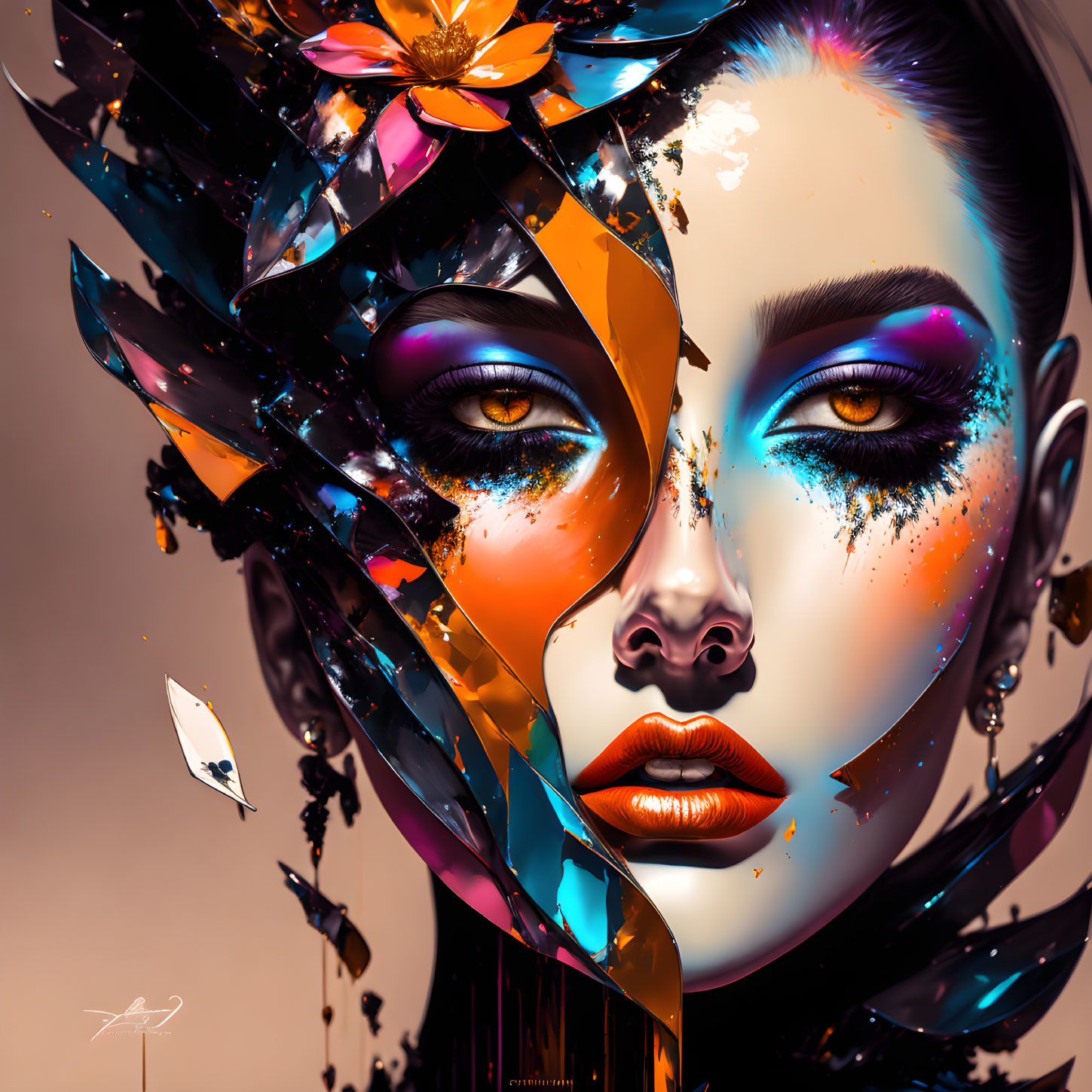 Colorful Digital Artwork: Female Face with Butterfly and Fragmented Textures