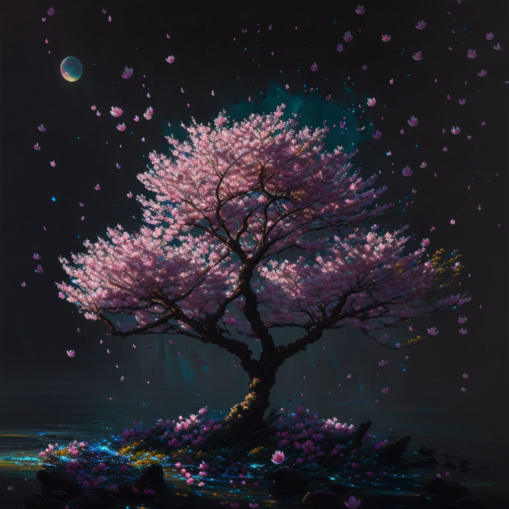 Starry Night Sky with Vibrant Cherry Blossom Tree