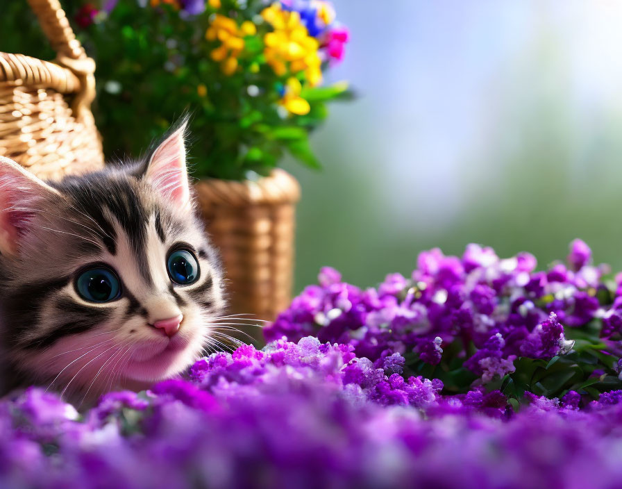 Blue-eyed kitten hides near purple flowers and colorful basket