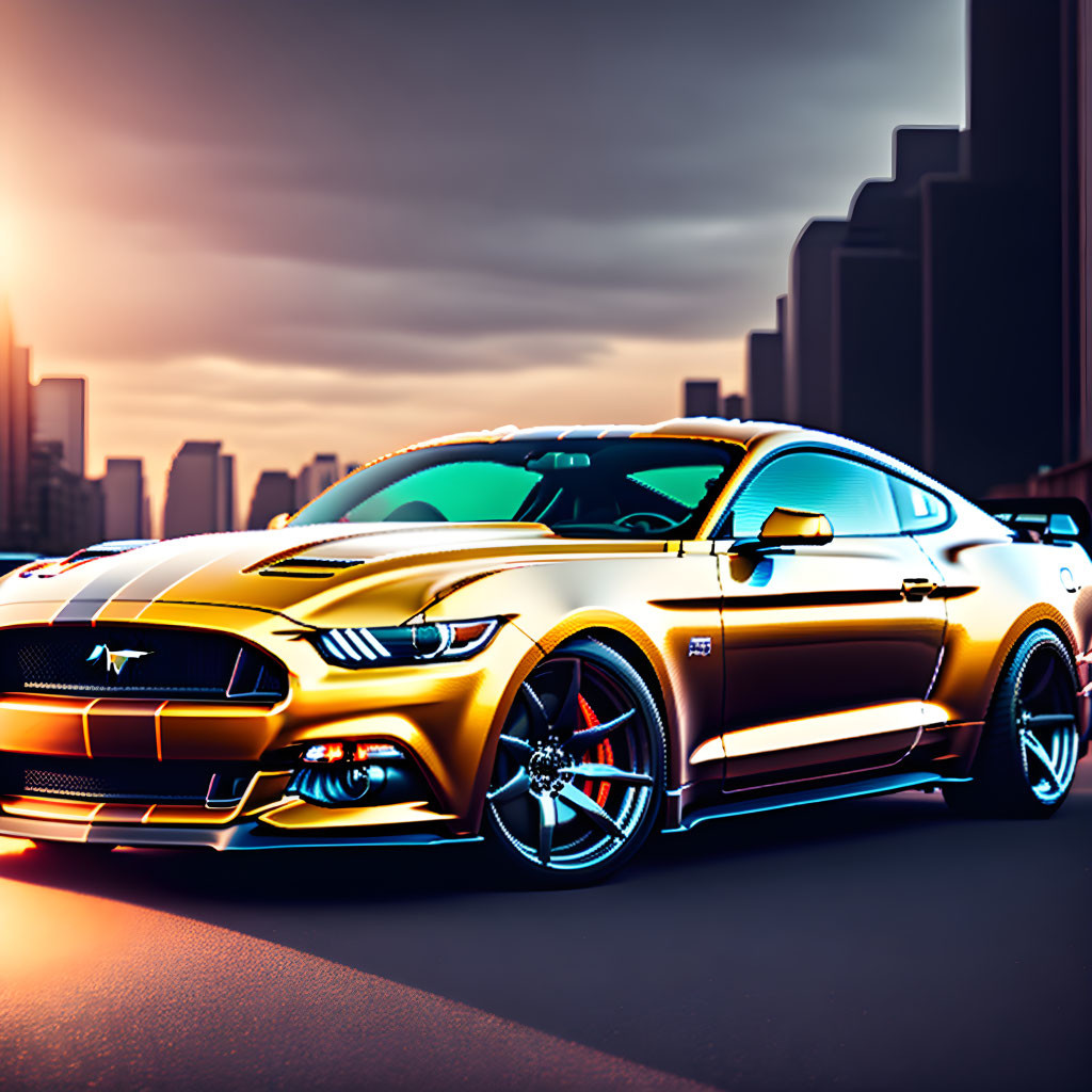 Golden Mustang Car with Racing Stripes Against Cityscape Sunset