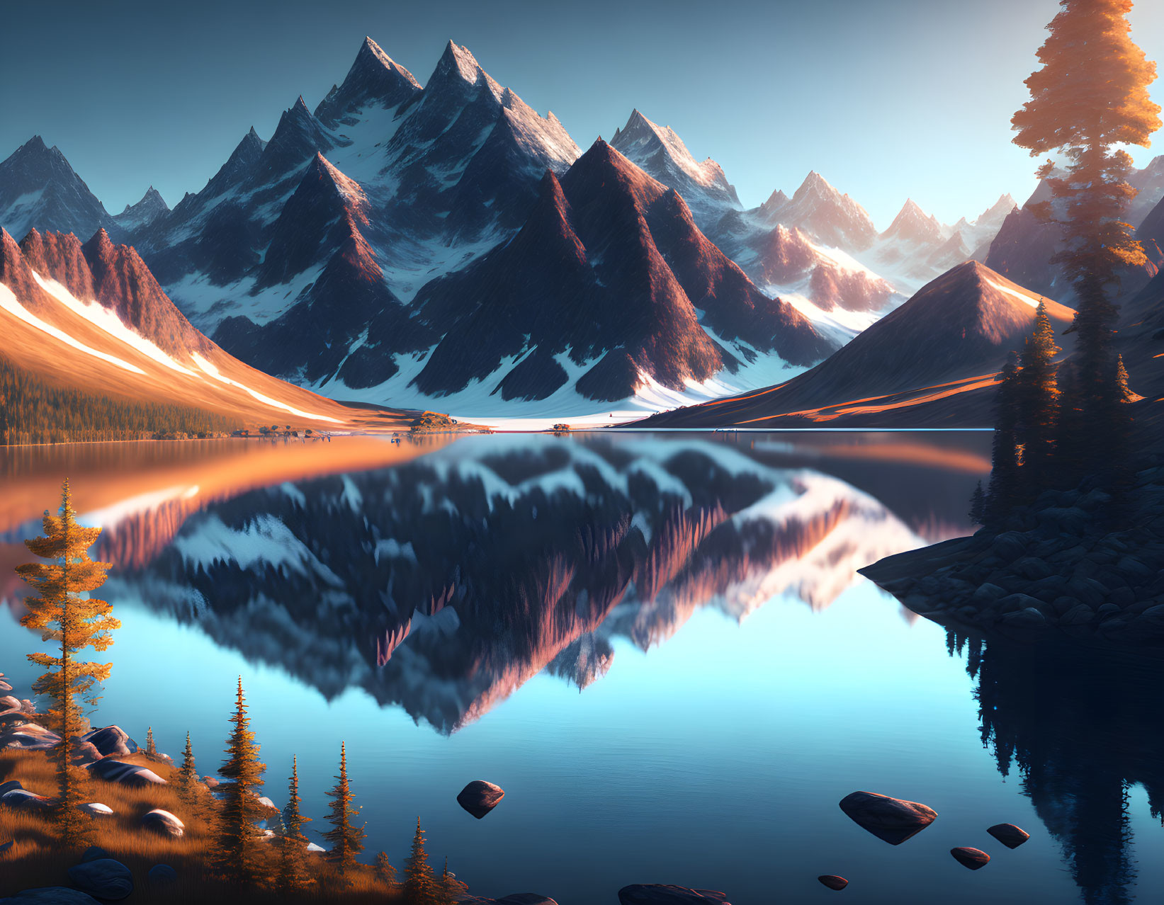 Mountain landscape with clear lake reflection at sunrise or sunset