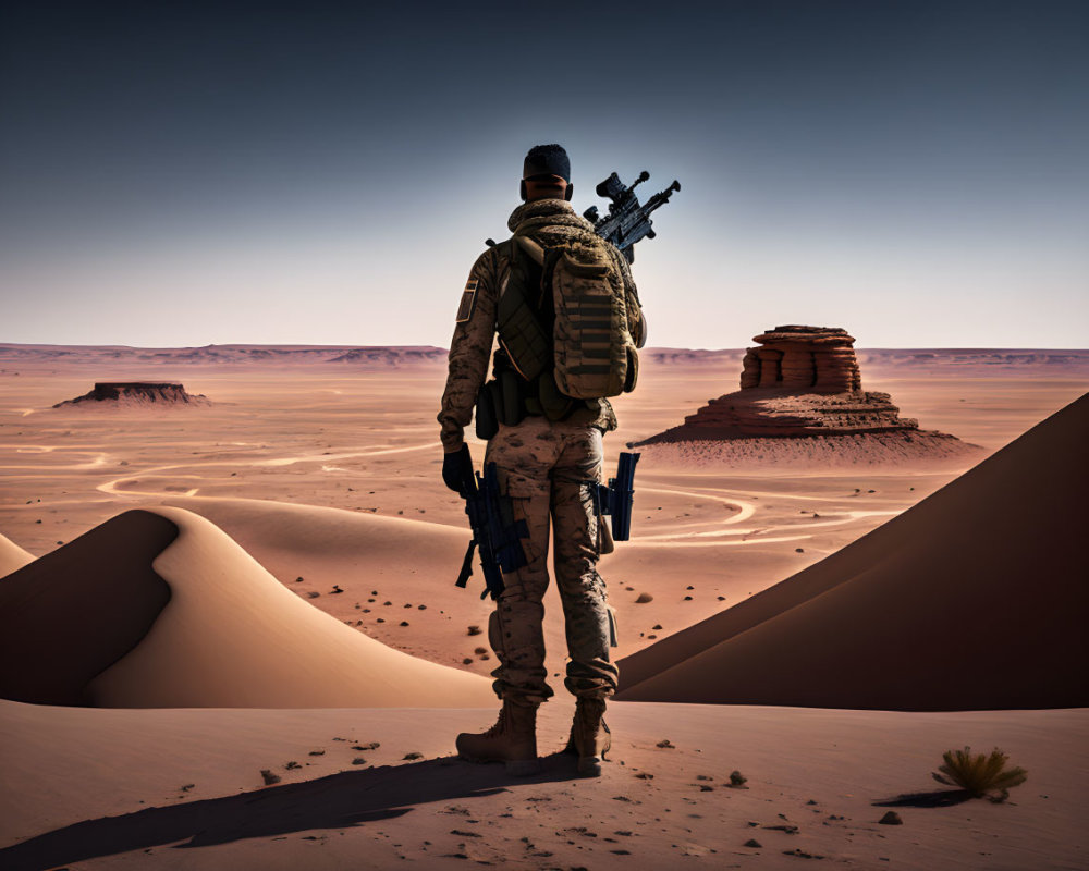 Military person on sand dune gazes at desert rock formations