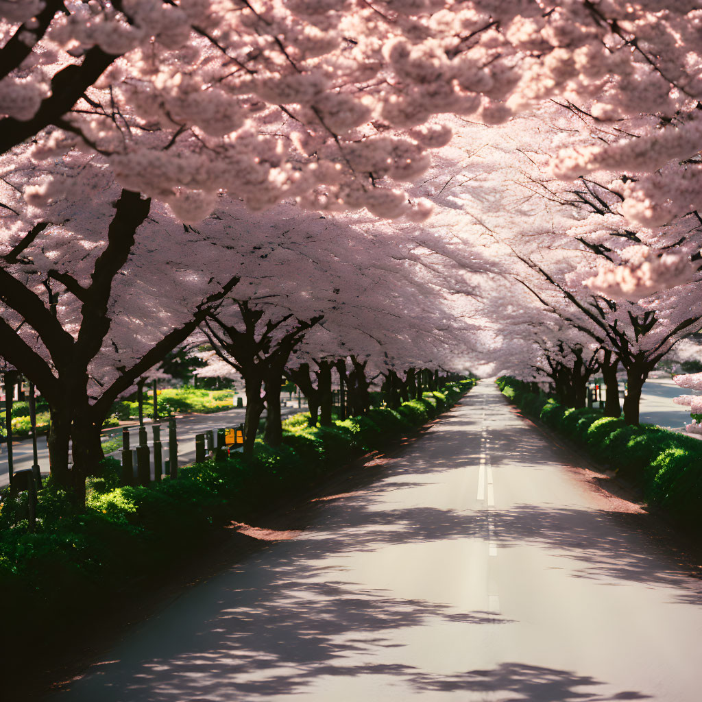 Blooming pink cherry blossoms on tree-lined street under clear sky