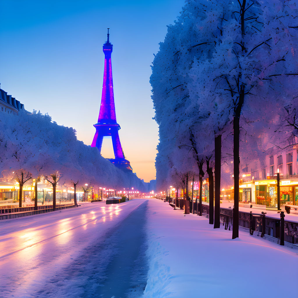 Iconic Eiffel Tower at dusk with snowy Paris street