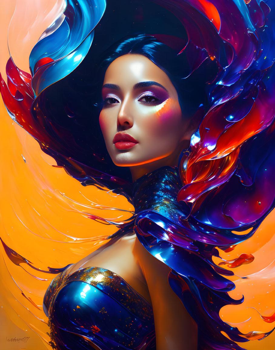 Vibrant digital artwork of woman with flowing blue and purple hair