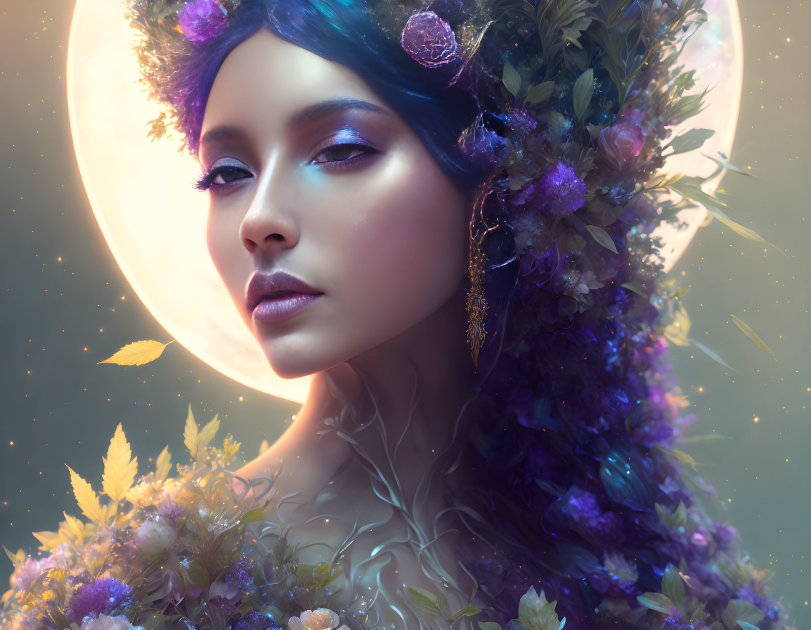 Person adorned with floral elements under glowing full moon.