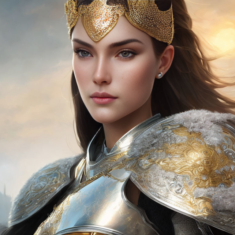 Regal woman in silver armor and crown against cloudy sky
