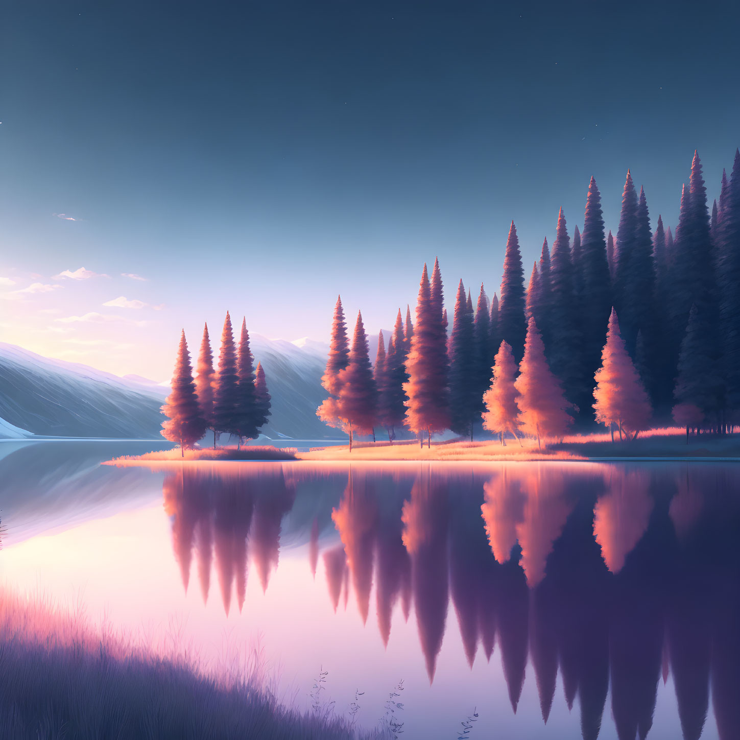 Tranquil twilight landscape with reflective lake and pink pine trees