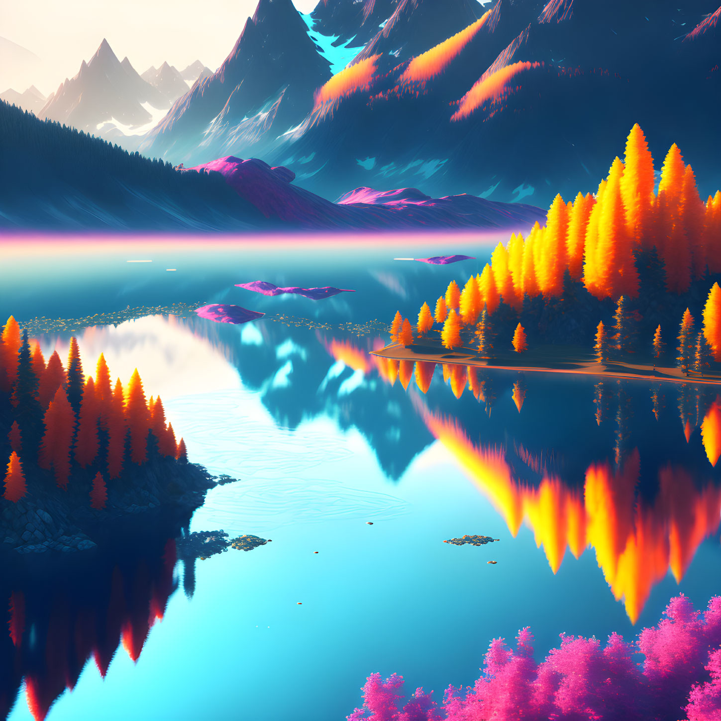 Colorful Surreal Landscape with Trees, Lake, Mountains, and Aurora