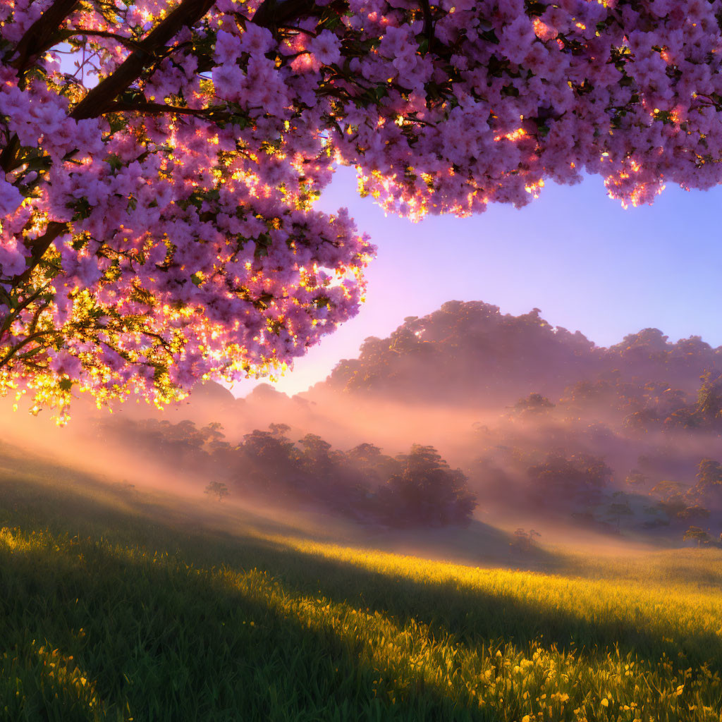 Tranquil pink cherry blossoms in misty meadow landscape