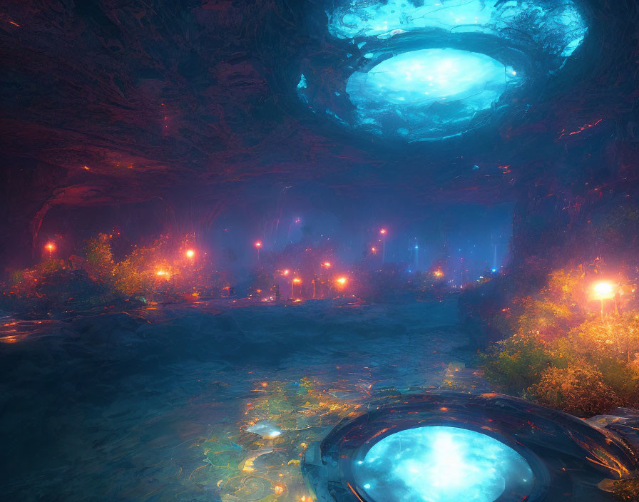 Enchanting underground cavern with glowing flora and circular structure