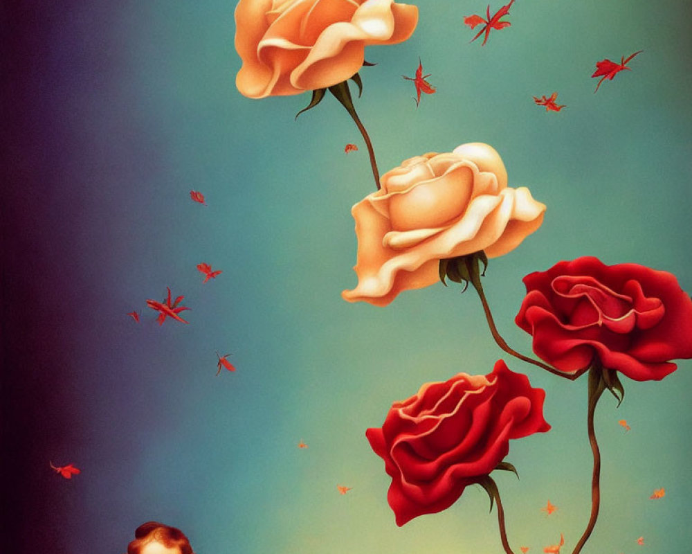 Surreal artwork: oversized roses, red figures, child with rose body