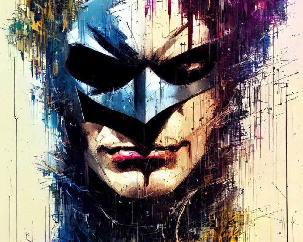 Abstract superhero painting with bat-like mask in yellow, blue, and white.