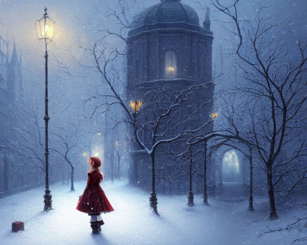 Woman in Red Dress Standing in Snowy Evening Scene with Streetlamps and Red Suitcase