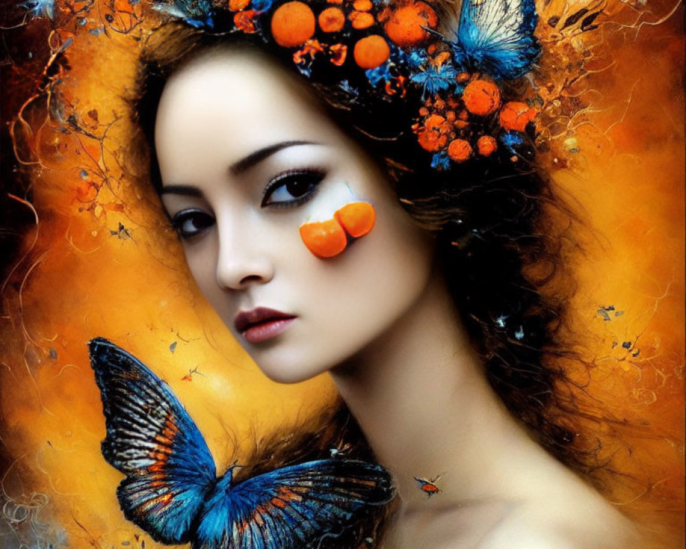 Woman wearing ornate orange floral and butterfly headdress in vibrant fantasy setting