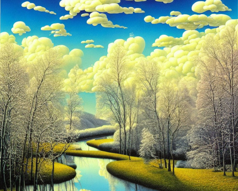 Surreal landscape painting: vibrant blue sky, reflective river, white trees