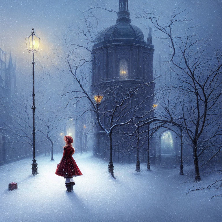 Woman in Red Dress Standing in Snowy Evening Scene with Streetlamps and Red Suitcase
