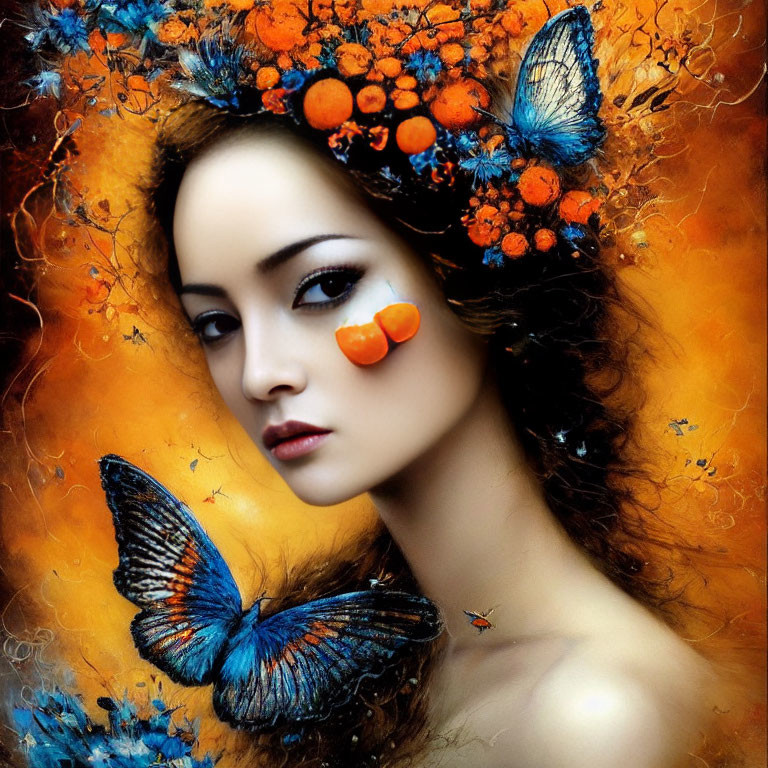 Woman wearing ornate orange floral and butterfly headdress in vibrant fantasy setting