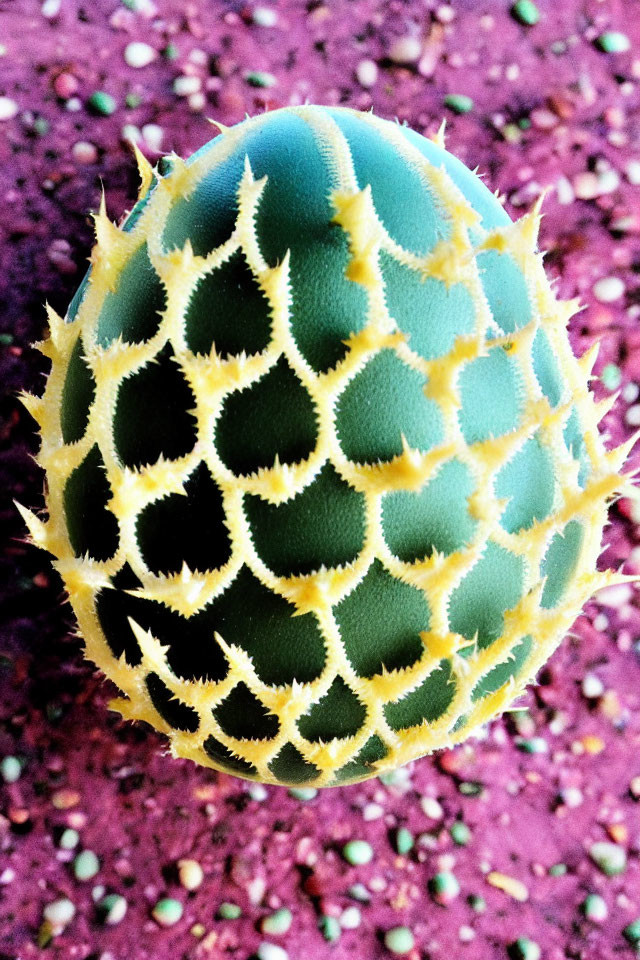 Spherical cactus with yellow spiky ridges on green surface against pink rocks
