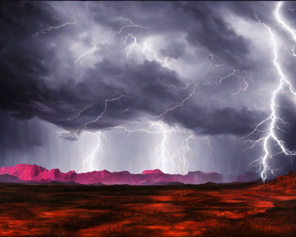 Stormy Sky with Lightning Strikes Above Red Rocky Terrain