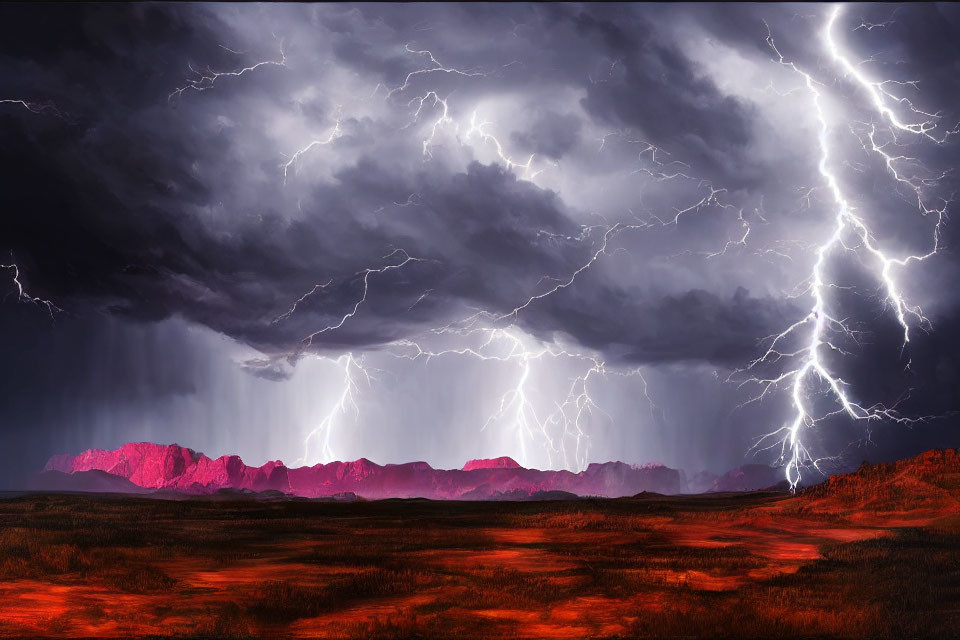 Stormy Sky with Lightning Strikes Above Red Rocky Terrain