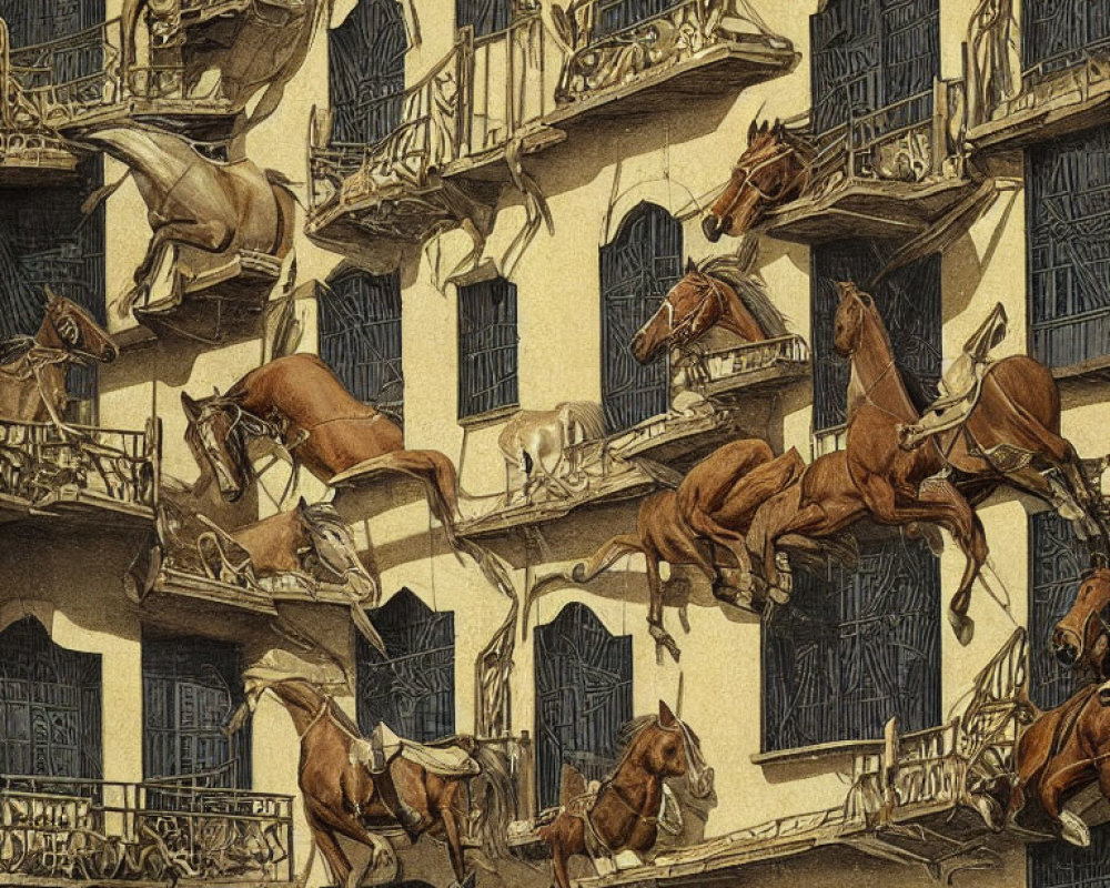 Detailed Escher-like illustration of horses on interconnected stairs