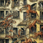 Detailed Escher-like illustration of horses on interconnected stairs
