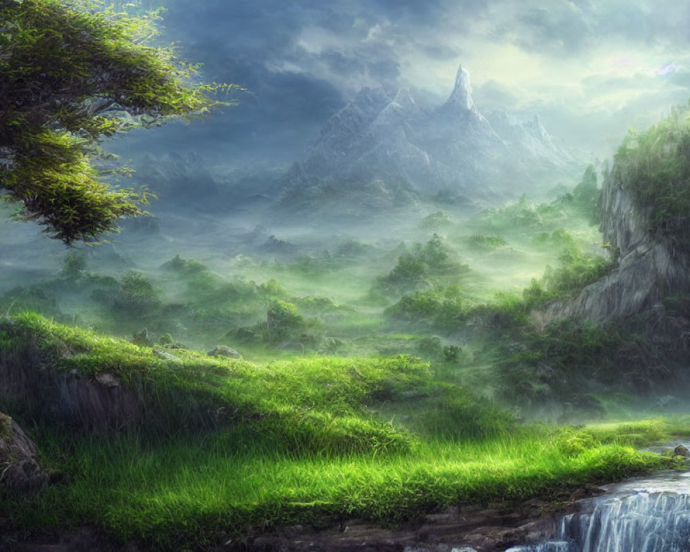 Mystical landscape with waterfall, lush greenery, mist, and mountains