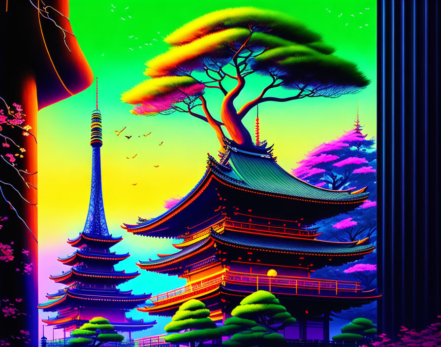 Colorful Japanese Scene: Pagoda, Tokyo Tower, Trees, Birds