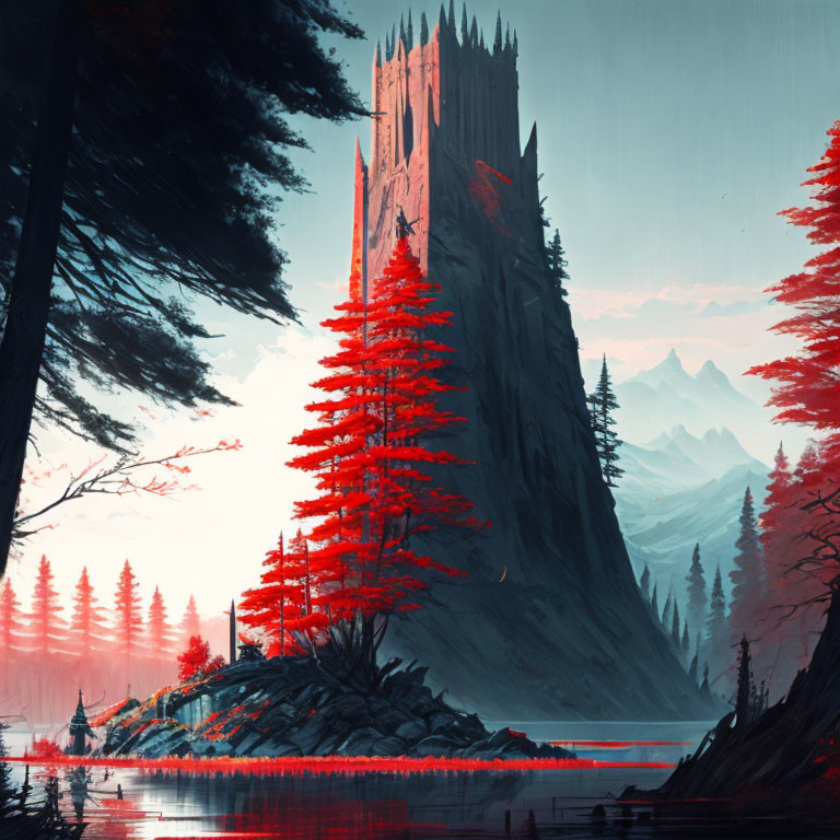 Majestic castle on cliff in red forest under dramatic sky