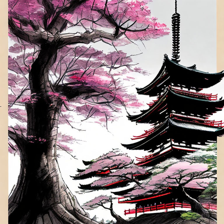 Ink-style illustration of pink tree and pagoda under pastel sky